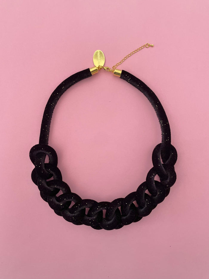 COLLAR CADENA negro terciopelo negro brillitos dorados